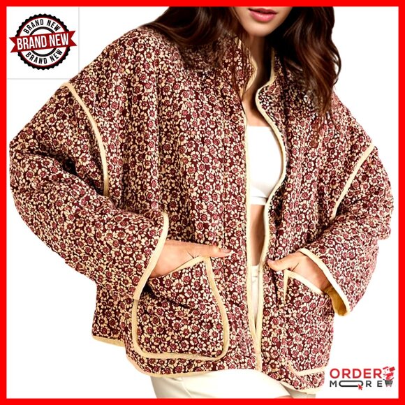 Cropped Quilted Puffer Jacket Open Front Lightweight Floral Print